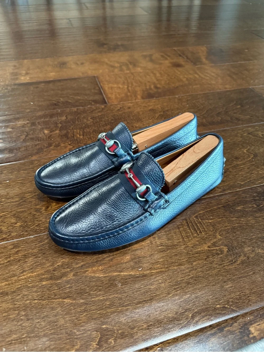 Gucci Navy Leather Horsebit-Detail Loafers